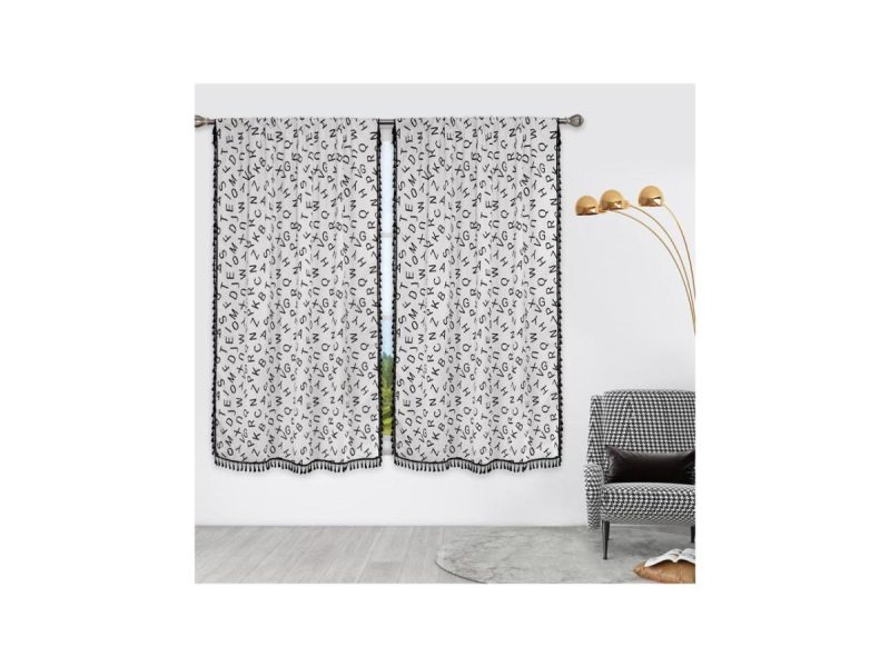 Window Treatments |  Zhh 52 X 63 Inch 2 Panels Boho Tassels Black Letter Print Curtain Set For Bathroom, Kitchen, Living Room, Bedroom Decor Window Treatments