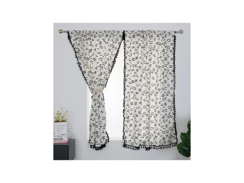 Window Treatments |  Zhh 52 X 63 Inch 2 Panels Boho Tassels Black Letter Print Curtain Set For Bathroom, Kitchen, Living Room, Bedroom Decor Window Treatments