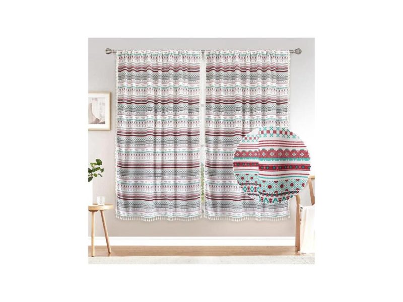 Window Treatments |  Zhh 52 X 84 2 Panels Teal, Red, And Cream Printed Bohemian Curtain For Bathroom, Kitchen, Living Room, Bedroom Decor Window Treatments