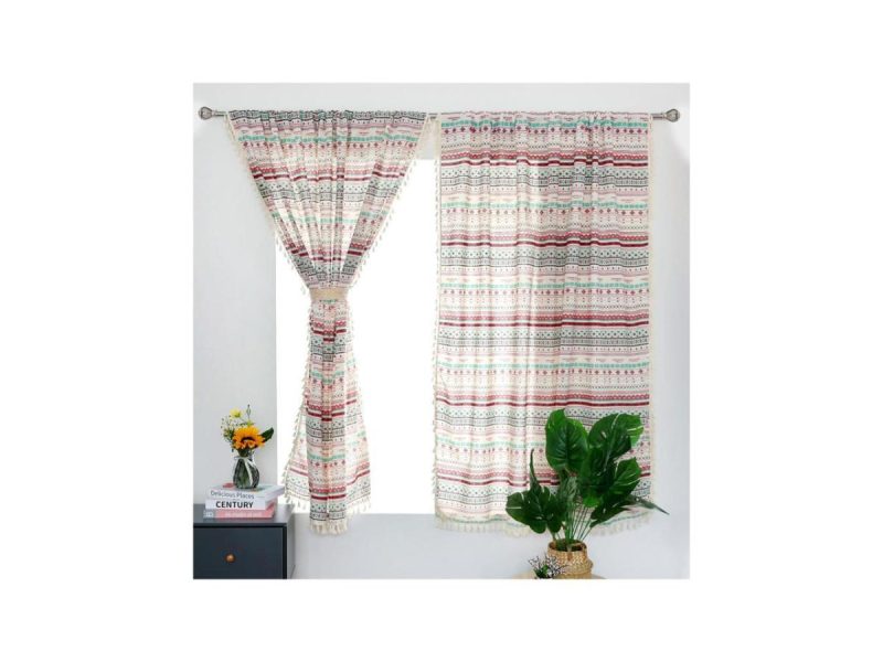 Window Treatments |  Zhh 52 X 84 2 Panels Teal, Red, And Cream Printed Bohemian Curtain For Bathroom, Kitchen, Living Room, Bedroom Decor Window Treatments