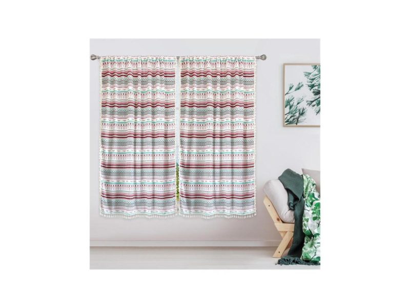 Window Treatments |  Zhh 52 X 84 2 Panels Teal, Red, And Cream Printed Bohemian Curtain For Bathroom, Kitchen, Living Room, Bedroom Decor Window Treatments