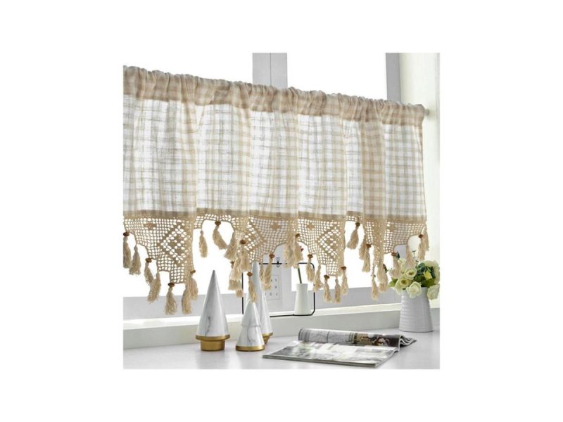 Window Treatments |  Zhh Lattice Crochet Tassel Window Valance  Curtain, Beige, H27″ Xw 70″ Decor Window Treatments