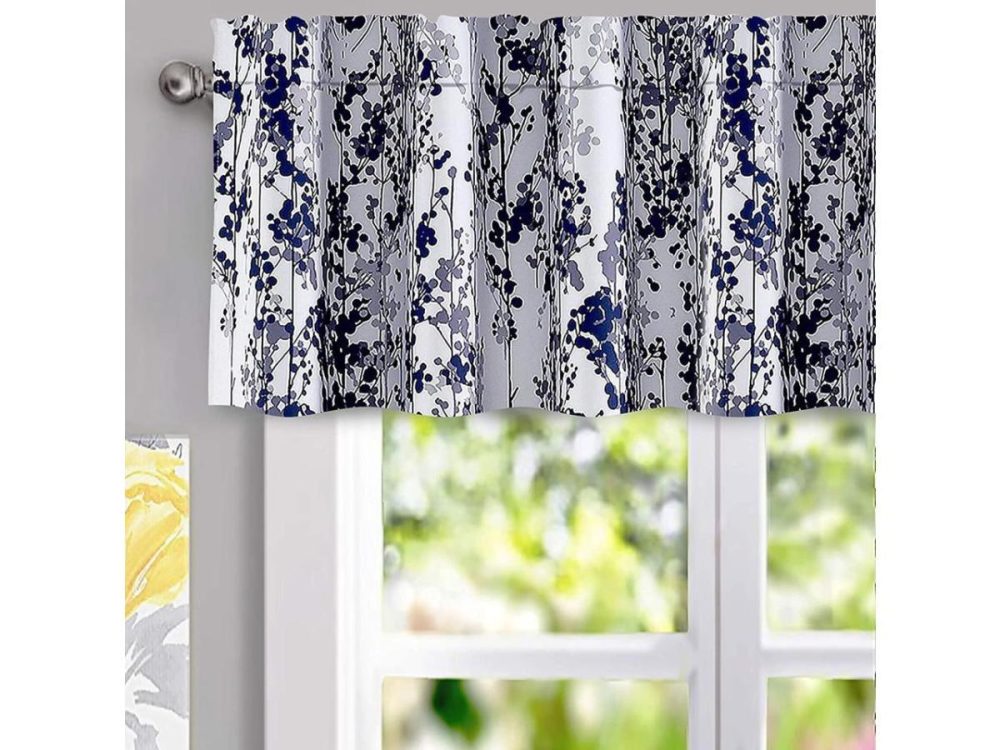 Window Treatments |  Driftaway Leah Abstract Floral Blossom Ink Painting Thermal Insulated Window Curtain Valance Rod Pocket 52 Inch By 14 Inch Plus 2 Inch Header Navy Silver Gray 1 Pack Decor DriftAway