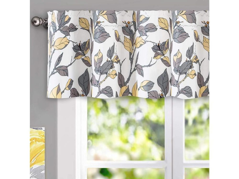 Window Treatments |  Driftaway Ryan Sketch Flower Floral Branch Leaves Lined Thermal Insulated Window Curtain Valance Rod Pocket 52 Inch By 14 Inch Plus 1.75 Inch Header Yellow Gray 1 Pack Decor DriftAway